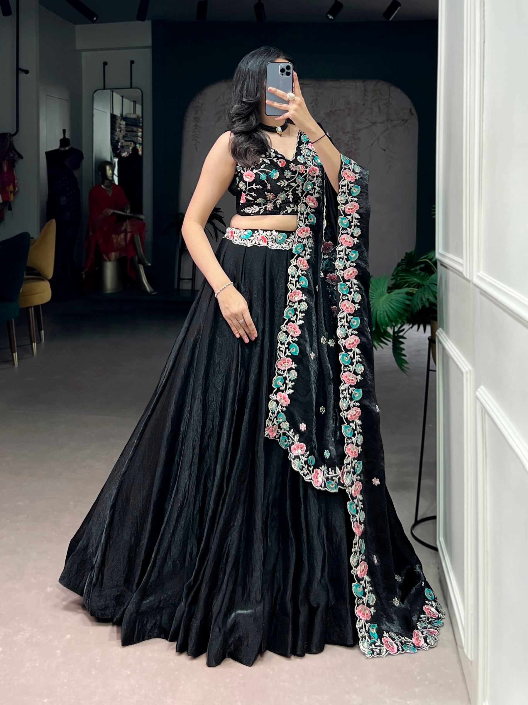 Lorenvalley Fashion Black Fendy Satin Sequins and Thread Embroidery Work Belt Lehenga Choli with Dupatta | Grocsy