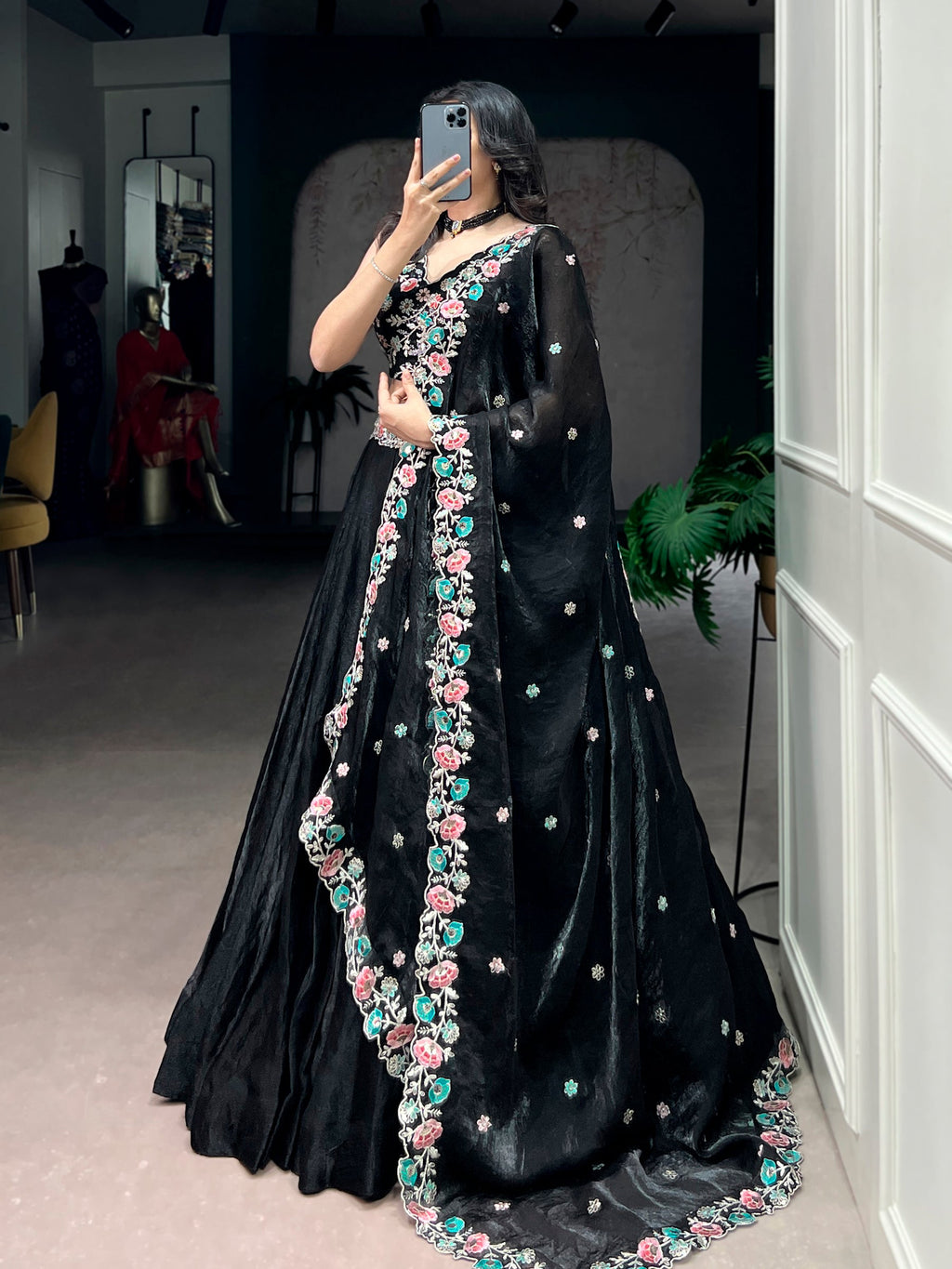 Lorenvalley Fashion Black Fendy Satin Sequins and Thread Embroidery Work Belt Lehenga Choli with Dupatta | Grocsy