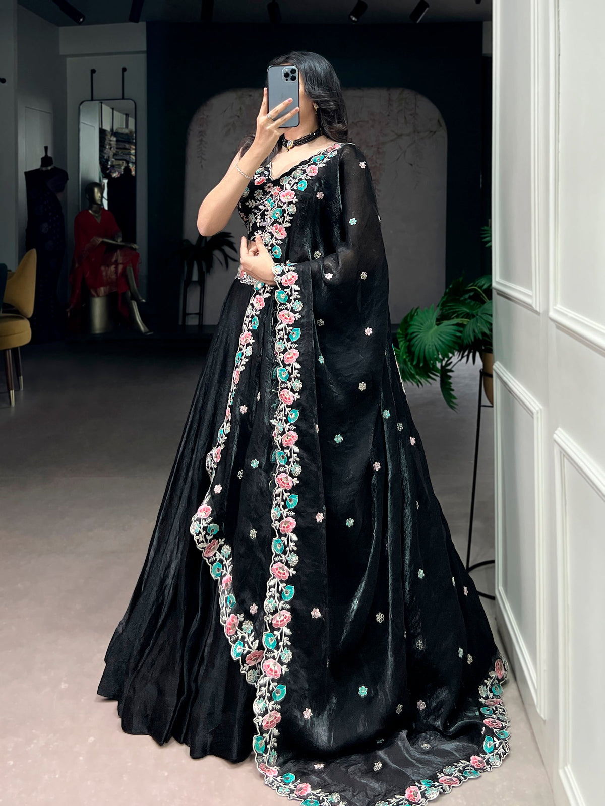 Lorenvalley Fashion Black Fendy Satin Sequins and Thread Embroidery Work Belt Lehenga Choli with Dupatta | Grocsy