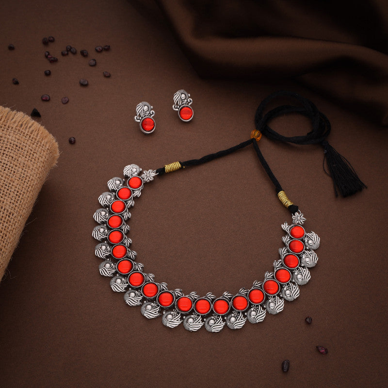 Tehzeeb Creations Silver Plated Orange Colour Stone Jewellery Choker Necklace Set With Matching Pair of Stud Earrings - Swadesiicart