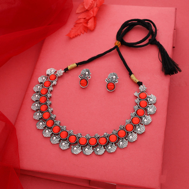 Tehzeeb Creations Silver Plated Orange Colour Stone Jewellery Choker Necklace Set With Matching Pair of Stud Earrings - Swadesiicart