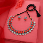 Tehzeeb Creations Silver Plated Orange Colour Stone Jewellery Choker Necklace Set With Matching Pair of Stud Earrings - Swadesiicart