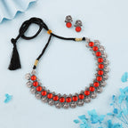 Tehzeeb Creations Silver Plated Orange Colour Stone Jewellery Choker Necklace Set With Matching Pair of Stud Earrings - Swadesiicart