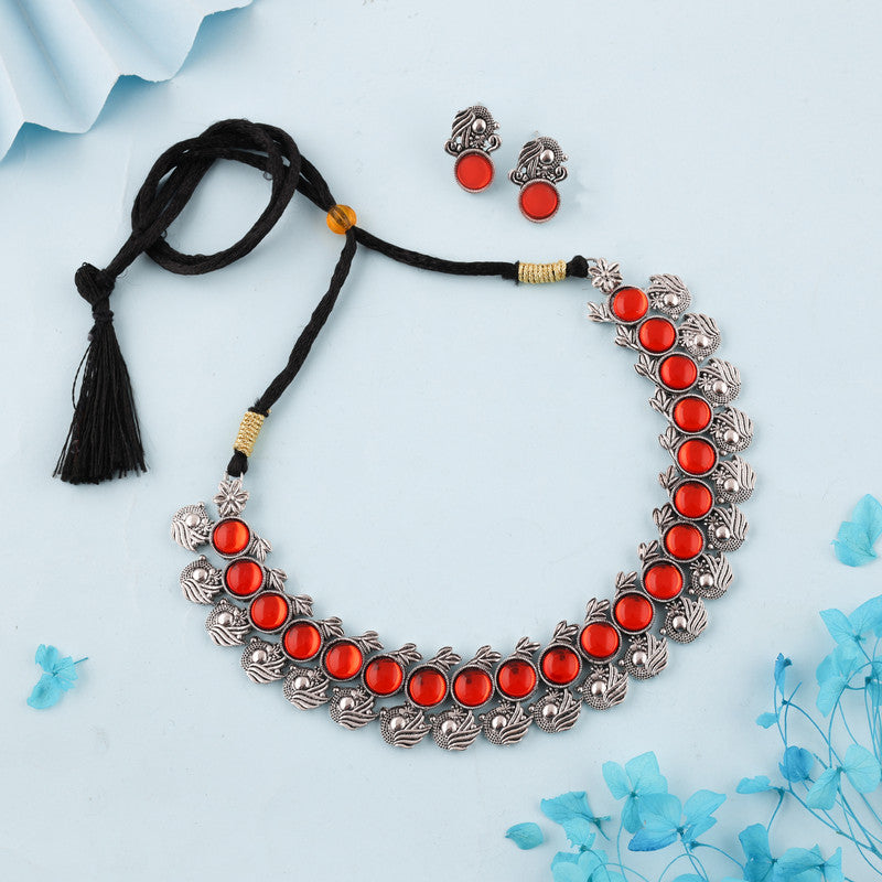 Tehzeeb Creations Silver Plated Orange Colour Stone Jewellery Choker Necklace Set With Matching Pair of Stud Earrings - Swadesiicart