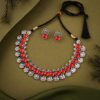 Tehzeeb Creations Silver Plated Orange Colour Stone Jewellery Choker Necklace Set With Matching Pair of Stud Earrings - Swadesiicart