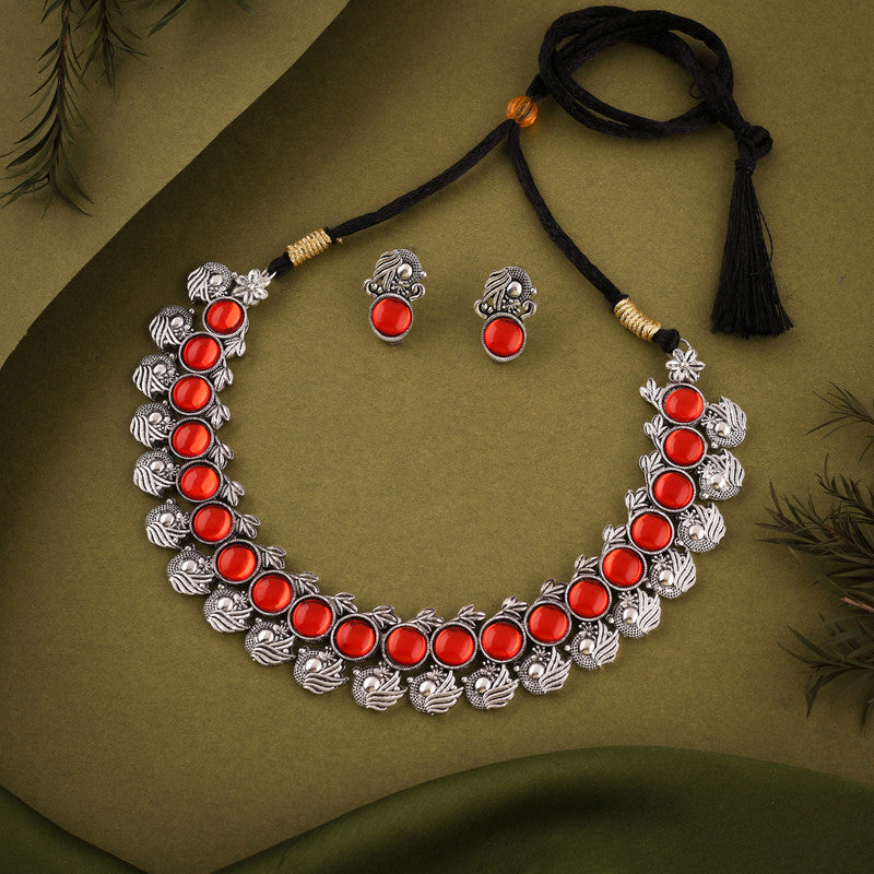Tehzeeb Creations Silver Plated Orange Colour Stone Jewellery Choker Necklace Set With Matching Pair of Stud Earrings - Swadesiicart