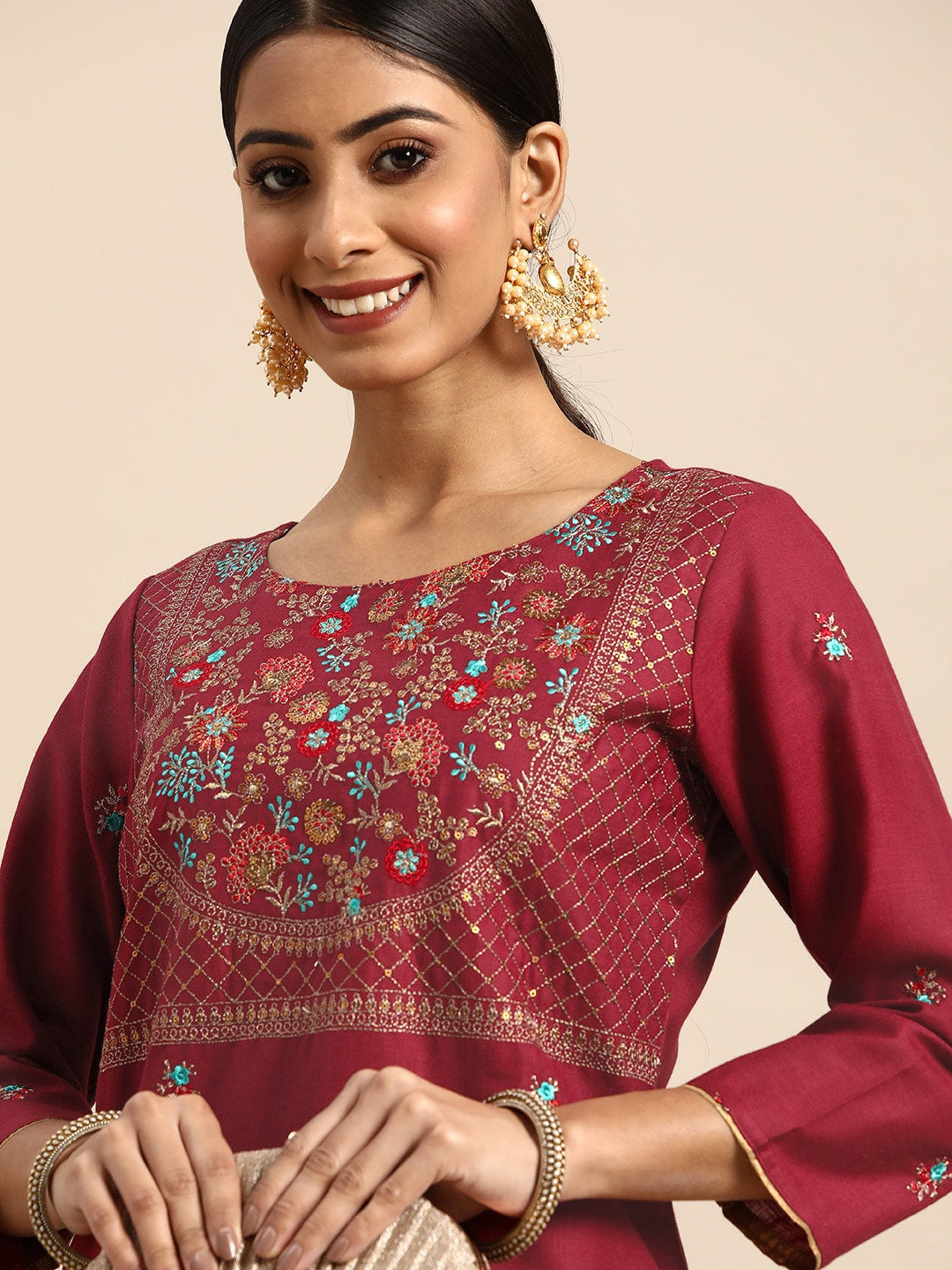 Sangria Women Red Yoke Design Sequined Kurta | Grocsy