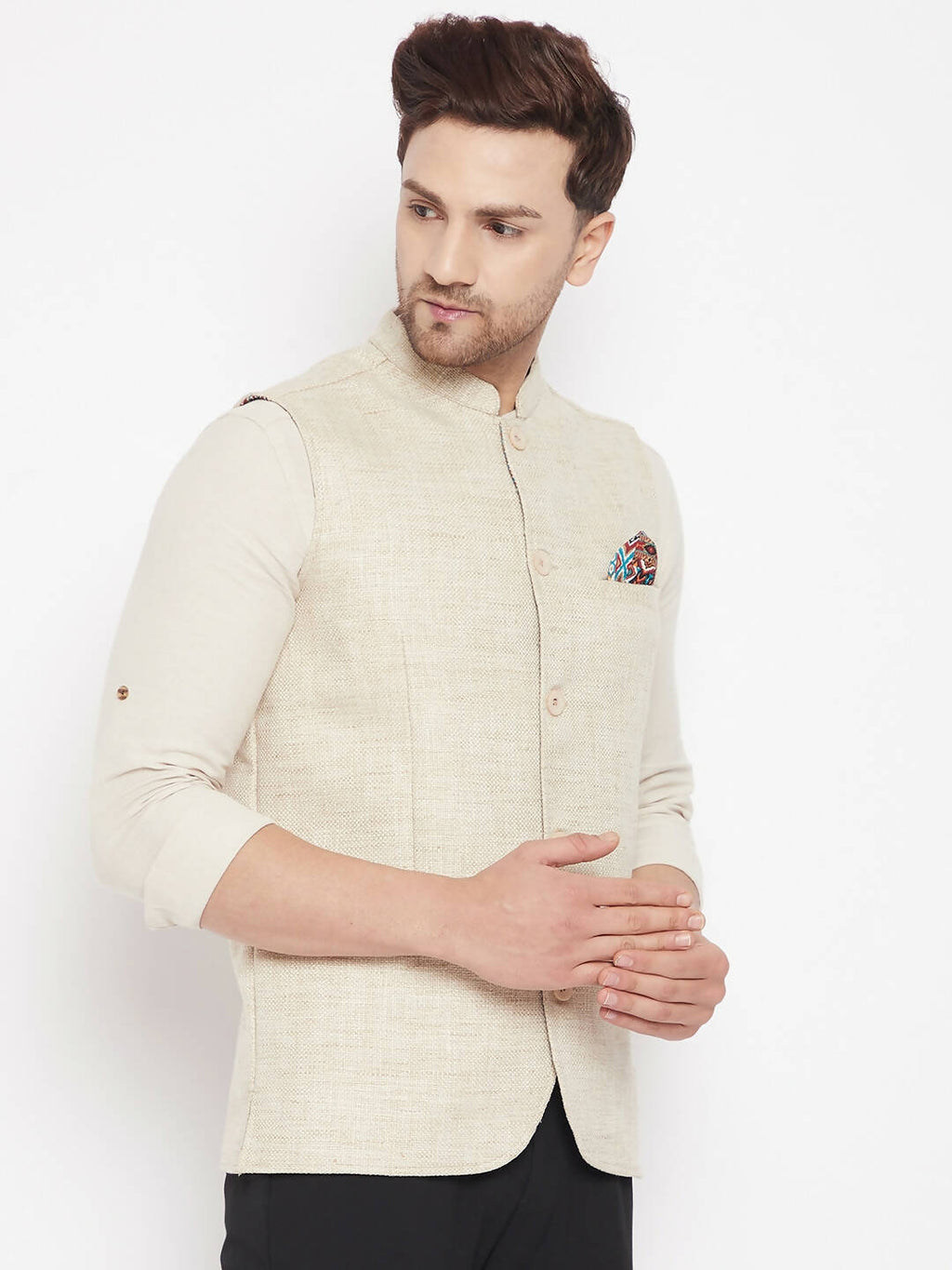 Even Apparels Beige Linen Men Woven Nehru Jacket | Grocsy