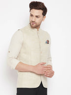 Even Apparels Beige Linen Men Woven Nehru Jacket | Grocsy