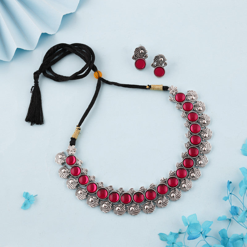 Tehzeeb Creations Silver Plated Pink Colour Stone Jewellery Choker Necklace Set With Matching Pair of Stud Earrings | Grocsy
