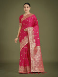 Monjolika Fashion Hot Pink With Gold Bordar Banarasi Woven Satin Saree | Grocsy