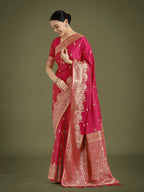 Monjolika Fashion Hot Pink With Gold Bordar Banarasi Woven Satin Saree | Grocsy