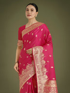 Monjolika Fashion Hot Pink With Gold Bordar Banarasi Woven Satin Saree | Grocsy