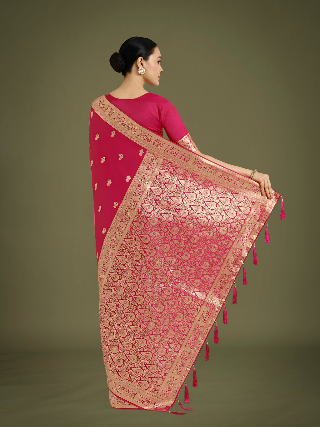 Monjolika Fashion Hot Pink With Gold Bordar Banarasi Woven Satin Saree | Grocsy