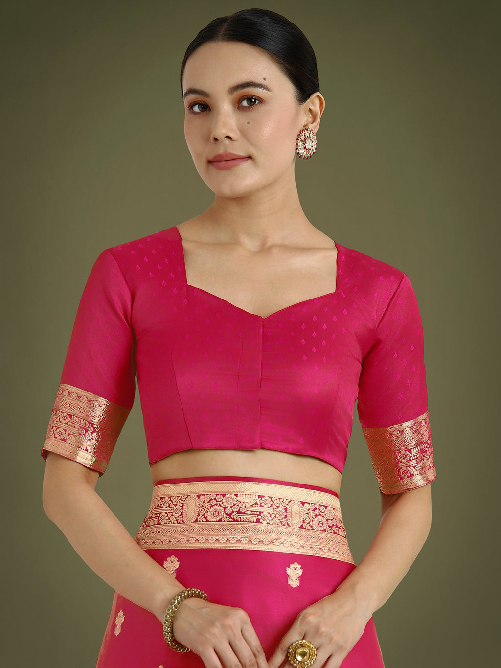 Monjolika Fashion Hot Pink With Gold Bordar Banarasi Woven Satin Saree | Grocsy
