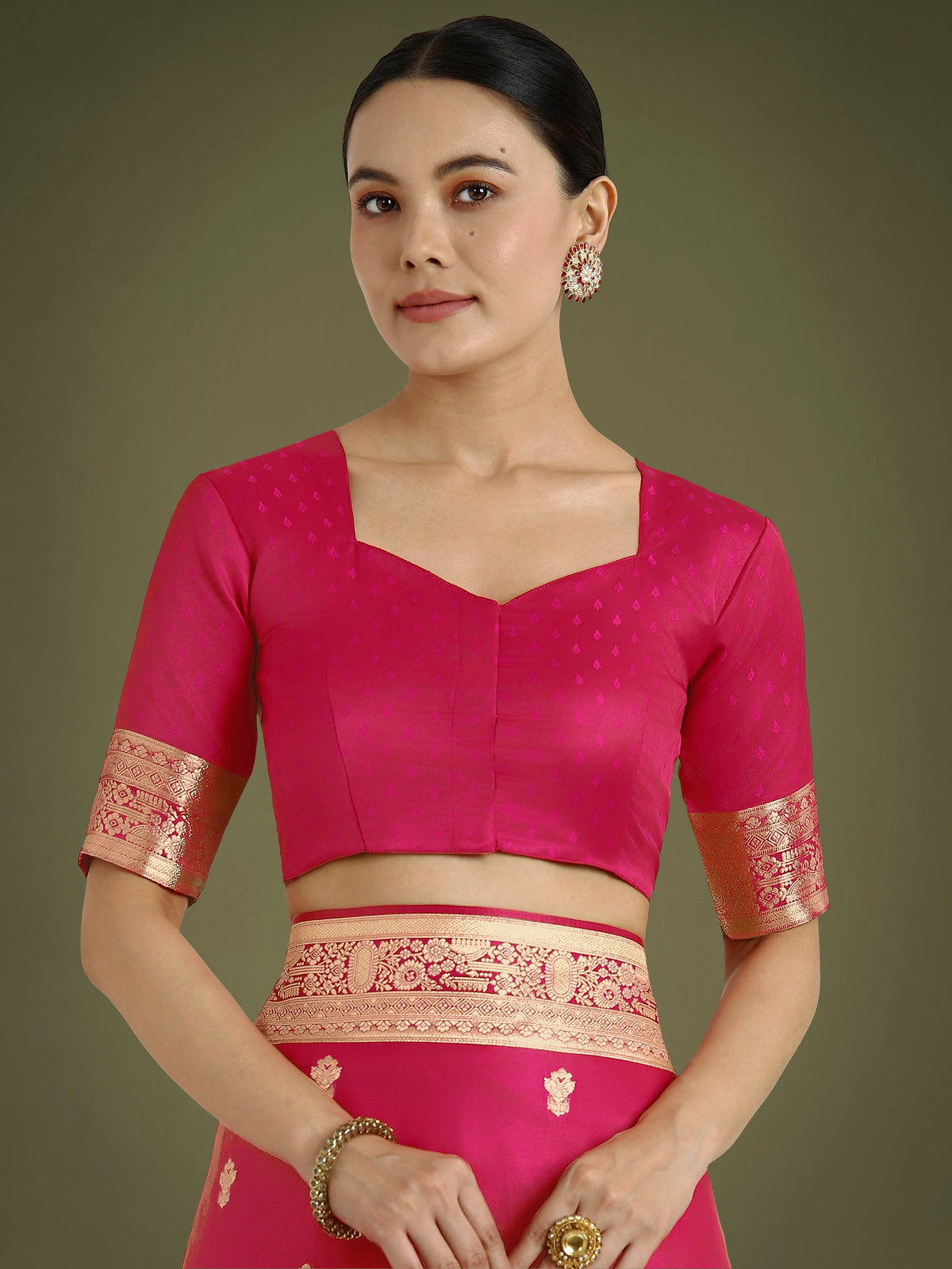 Monjolika Fashion Hot Pink With Gold Bordar Banarasi Woven Satin Saree | Grocsy