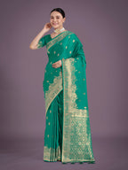 Monjolika Fashion Turquoise With Gold Bordar Banarasi Woven Satin Saree | Grocsy