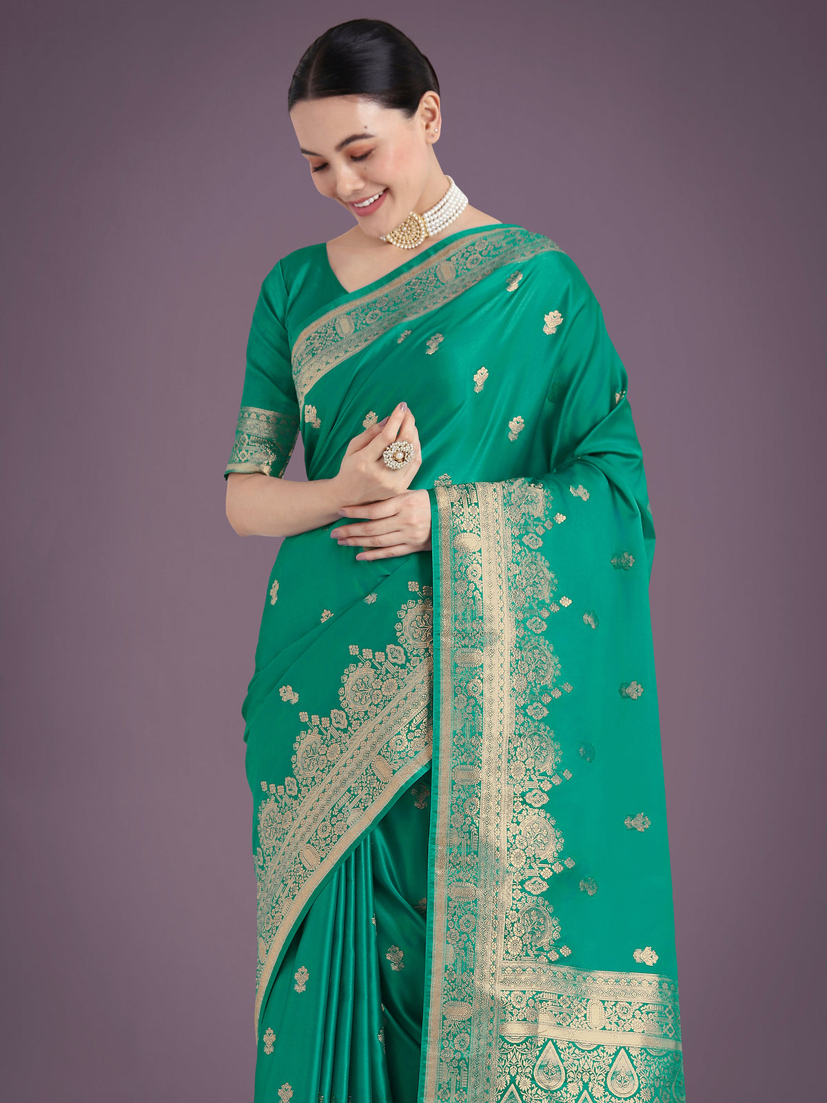 Monjolika Fashion Turquoise With Gold Bordar Banarasi Woven Satin Saree | Grocsy