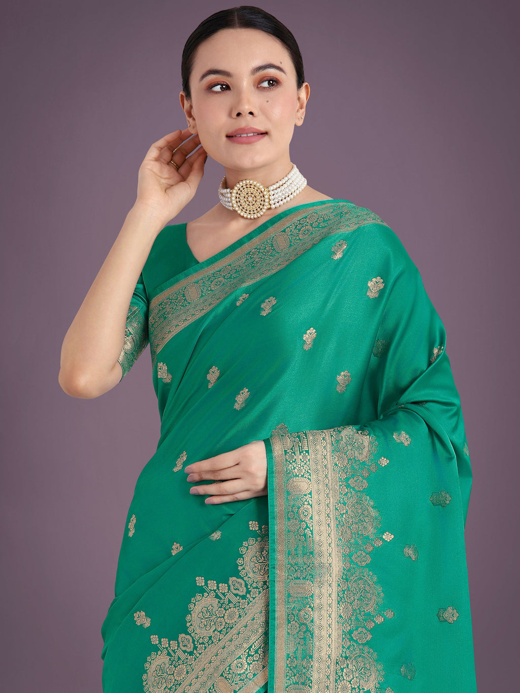 Monjolika Fashion Turquoise With Gold Bordar Banarasi Woven Satin Saree | Grocsy