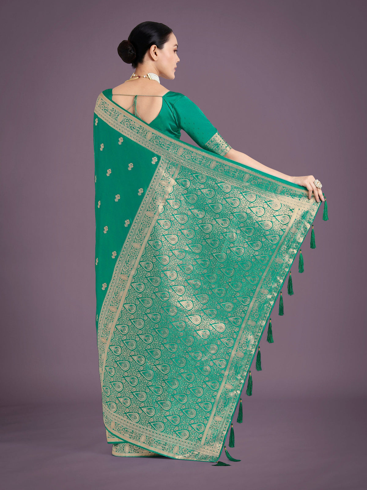Monjolika Fashion Turquoise With Gold Bordar Banarasi Woven Satin Saree | Grocsy