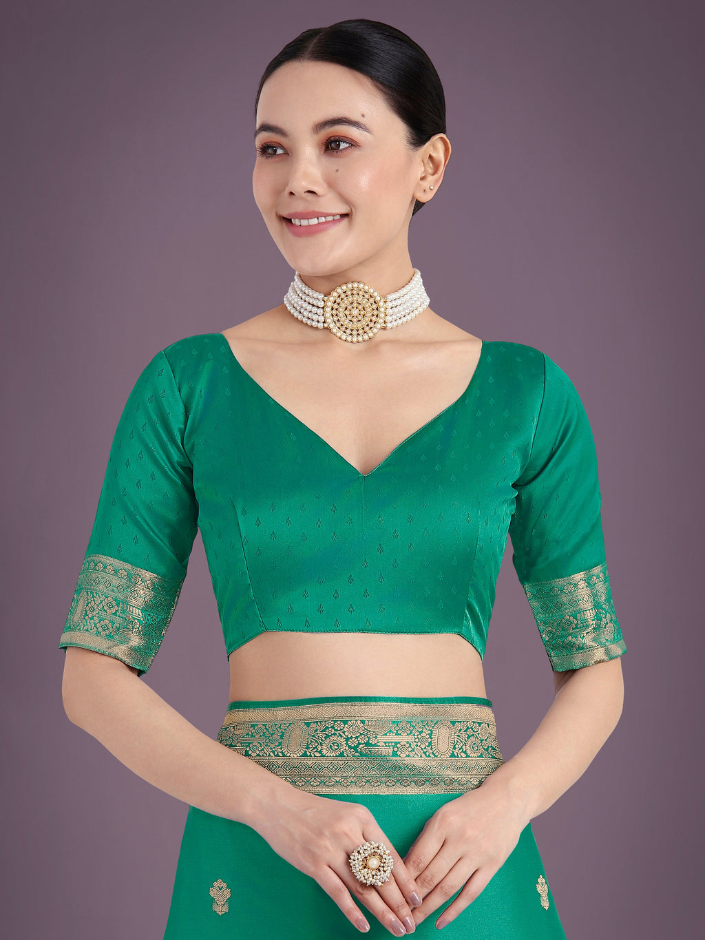 Monjolika Fashion Turquoise With Gold Bordar Banarasi Woven Satin Saree | Grocsy