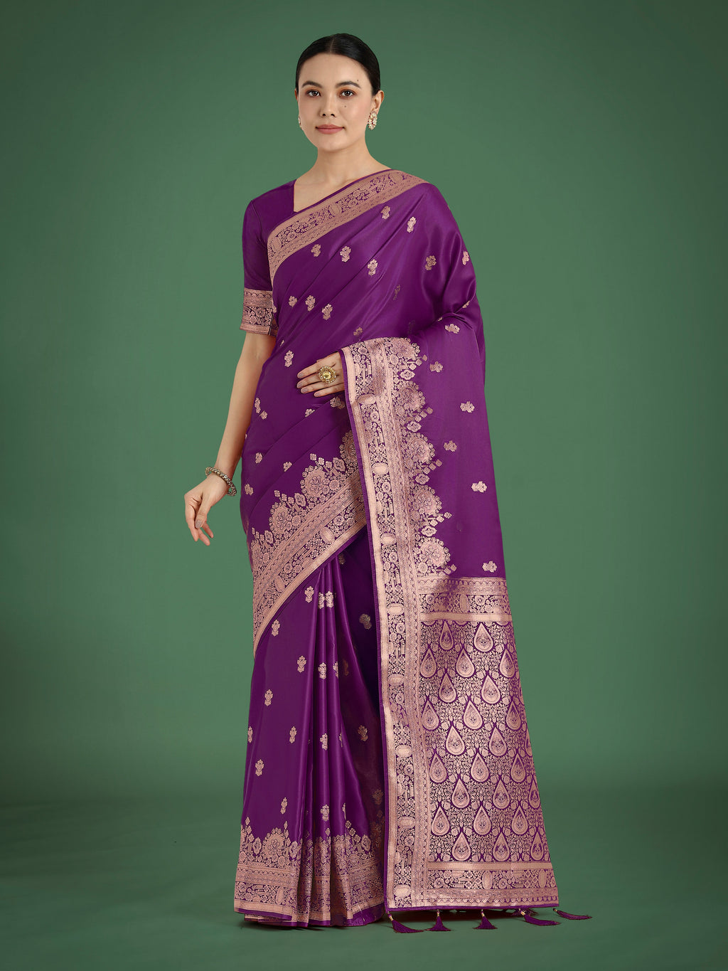 Monjolika Fashion Purple With Gold Bordar Banarasi Woven Satin Saree | Grocsy