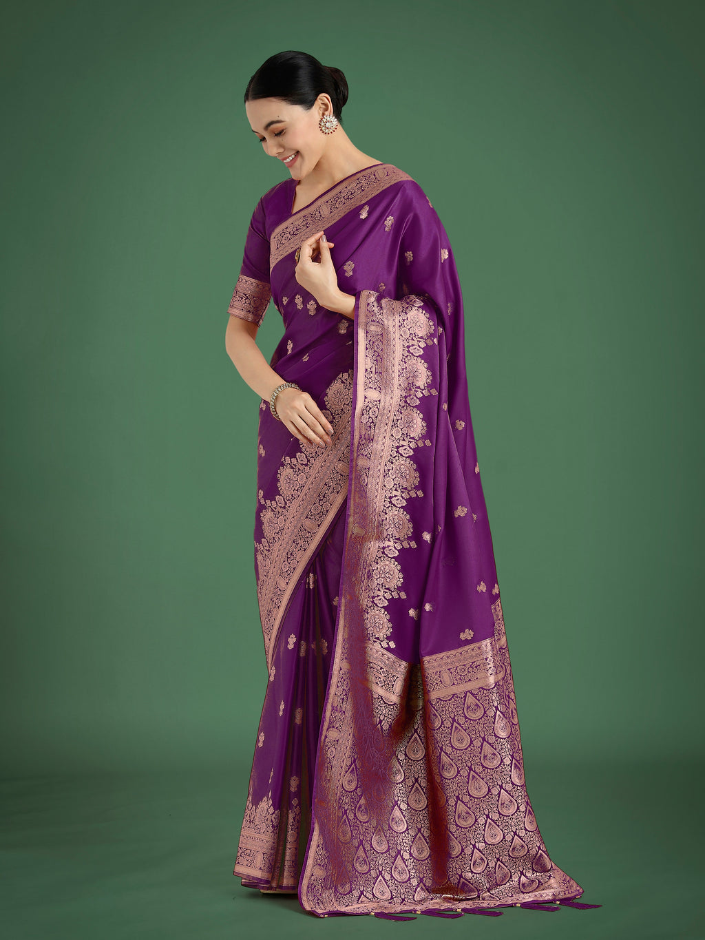 Monjolika Fashion Purple With Gold Bordar Banarasi Woven Satin Saree | Grocsy
