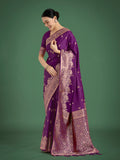 Monjolika Fashion Purple With Gold Bordar Banarasi Woven Satin Saree | Grocsy