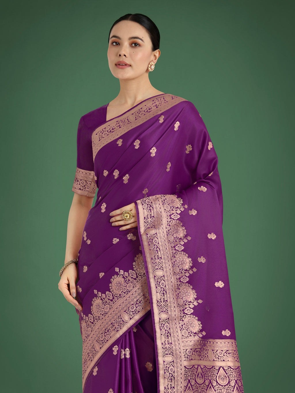 Monjolika Fashion Purple With Gold Bordar Banarasi Woven Satin Saree | Grocsy