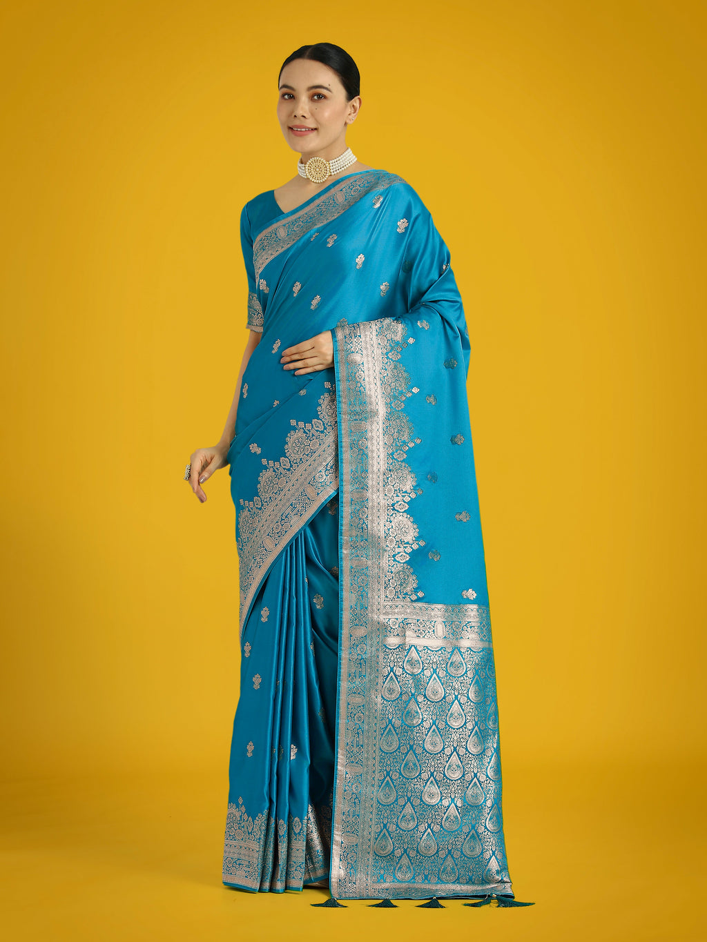 Monjolika Fashion Cyan blue With Gold Bordar Banarasi Woven Satin Saree | Grocsy