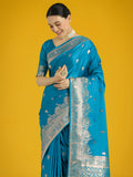 Monjolika Fashion Cyan blue With Gold Bordar Banarasi Woven Satin Saree | Grocsy