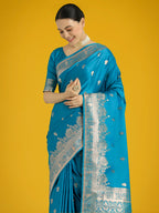 Monjolika Fashion Cyan blue With Gold Bordar Banarasi Woven Satin Saree | Grocsy