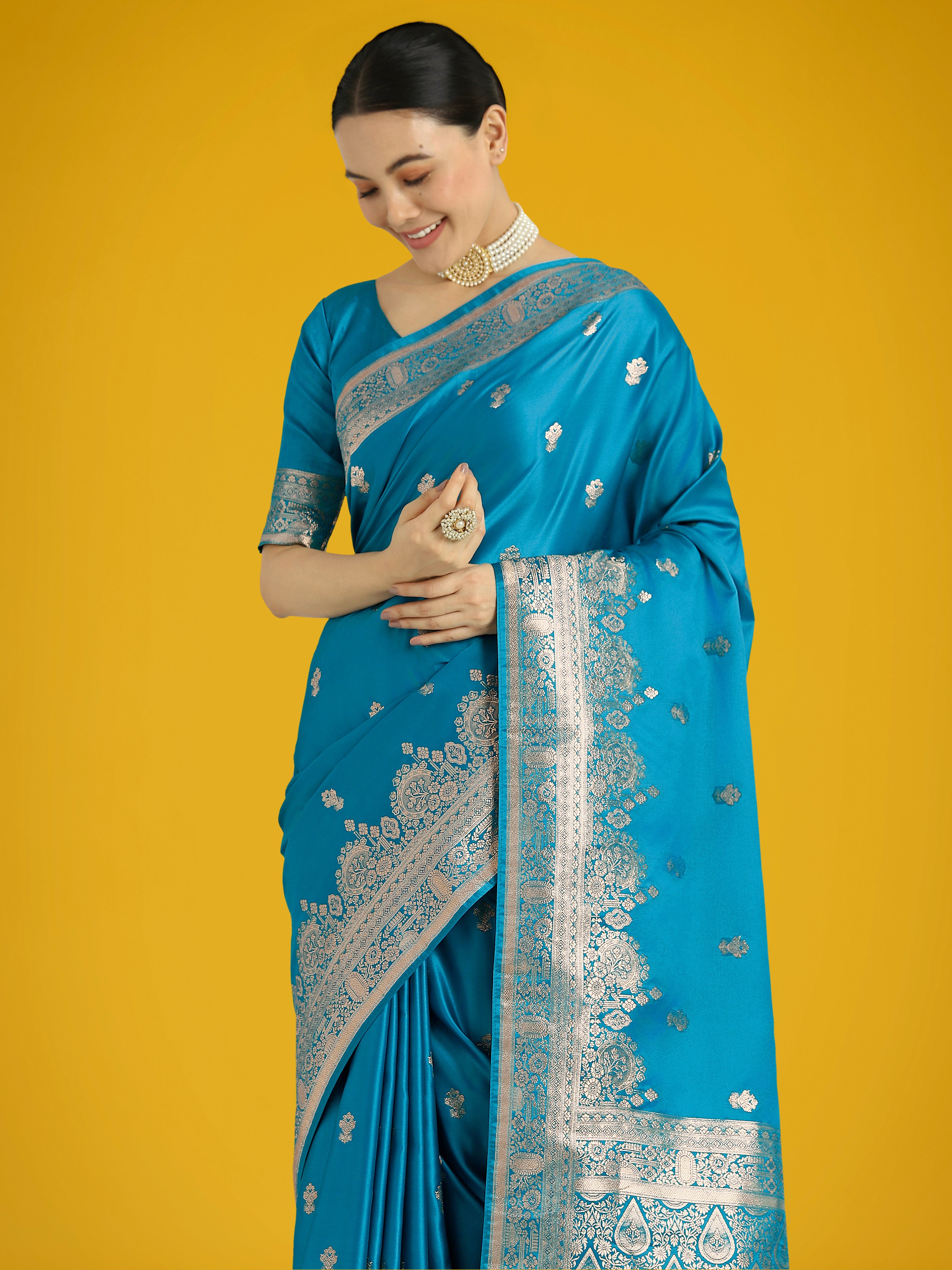 Monjolika Fashion Cyan blue With Gold Bordar Banarasi Woven Satin Saree | Grocsy