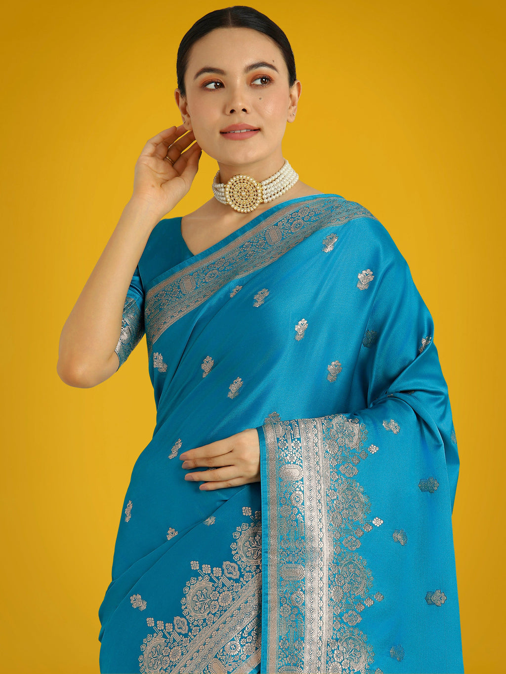 Monjolika Fashion Cyan blue With Gold Bordar Banarasi Woven Satin Saree | Grocsy