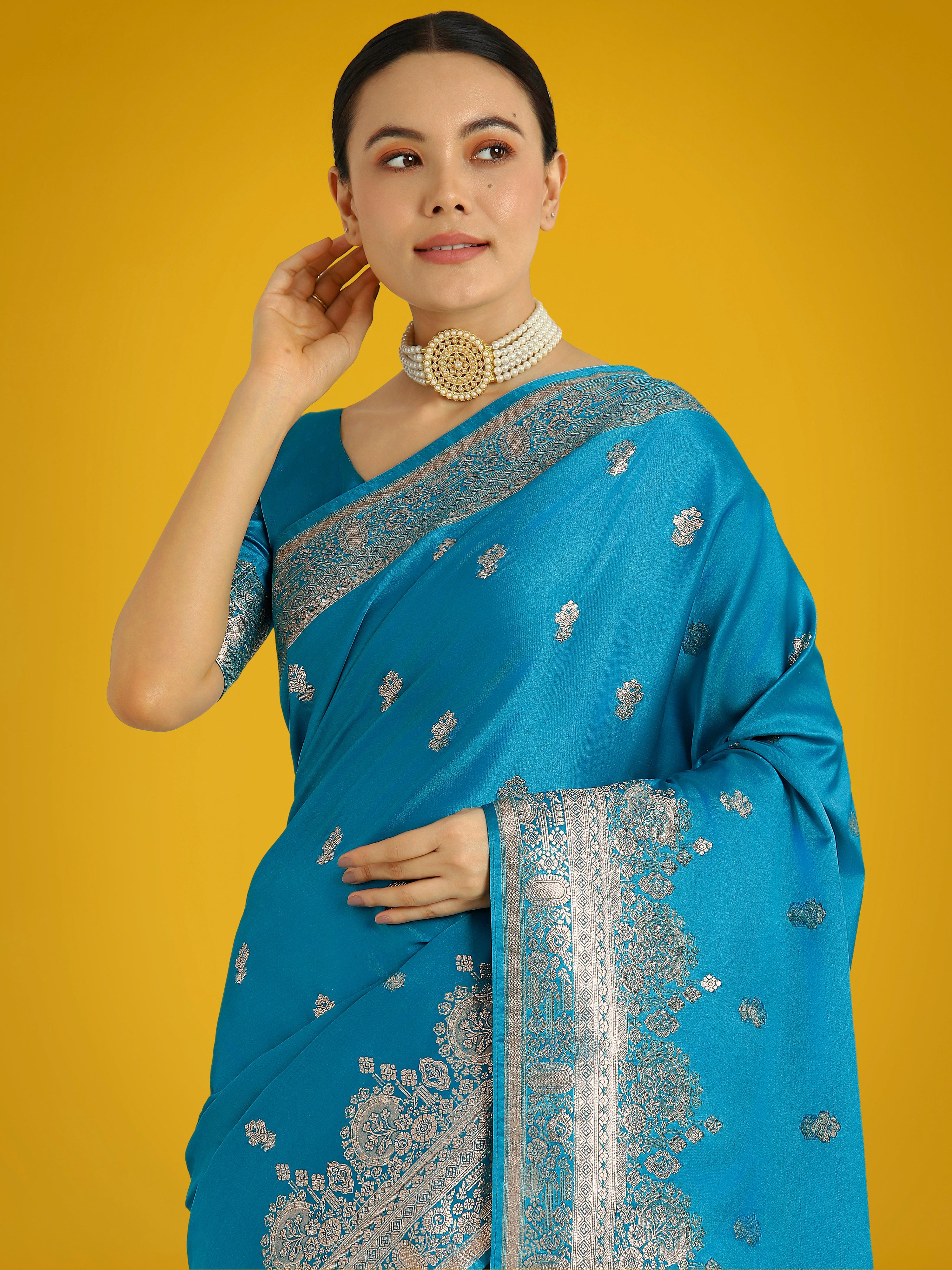 Monjolika Fashion Cyan blue With Gold Bordar Banarasi Woven Satin Saree | Grocsy