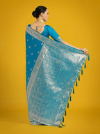 Monjolika Fashion Cyan blue With Gold Bordar Banarasi Woven Satin Saree | Grocsy