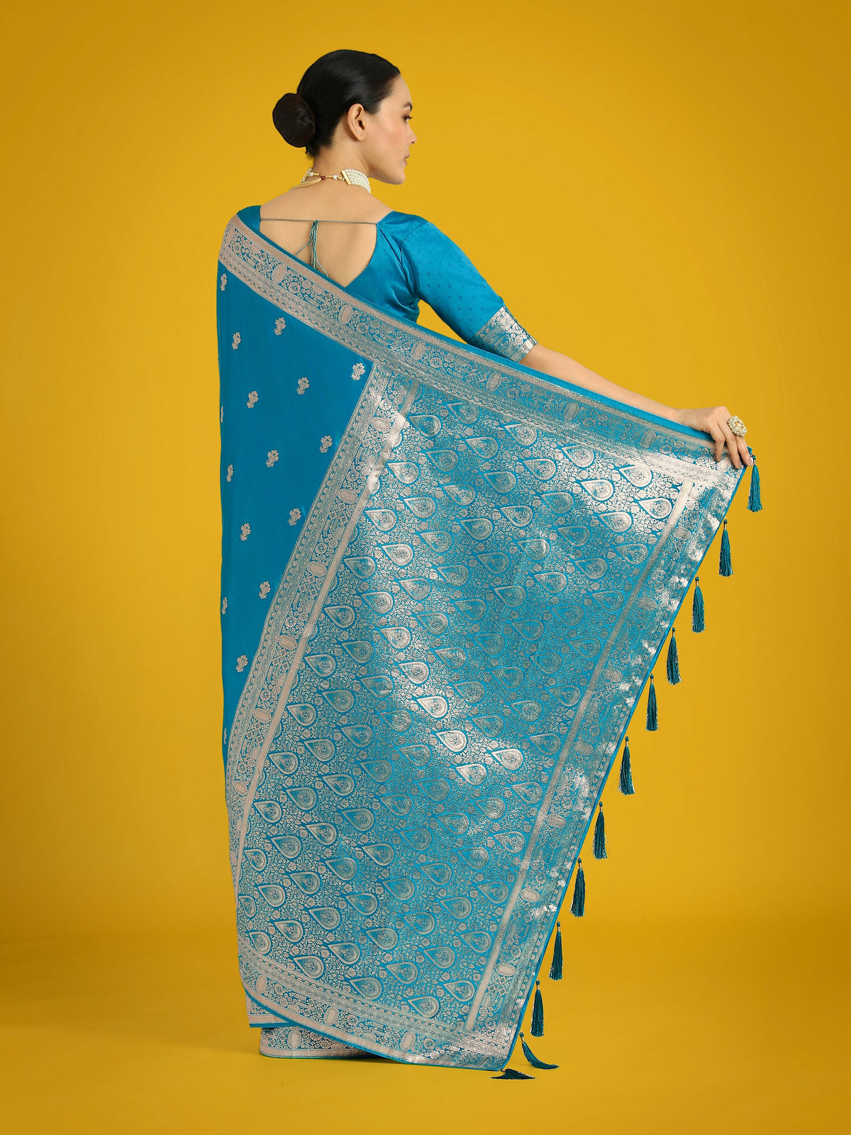 Monjolika Fashion Cyan blue With Gold Bordar Banarasi Woven Satin Saree | Grocsy