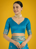Monjolika Fashion Cyan blue With Gold Bordar Banarasi Woven Satin Saree | Grocsy