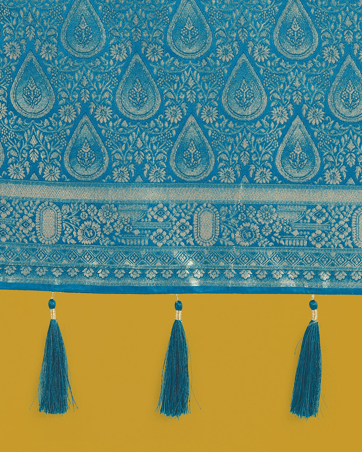 Monjolika Fashion Cyan blue With Gold Bordar Banarasi Woven Satin Saree | Grocsy