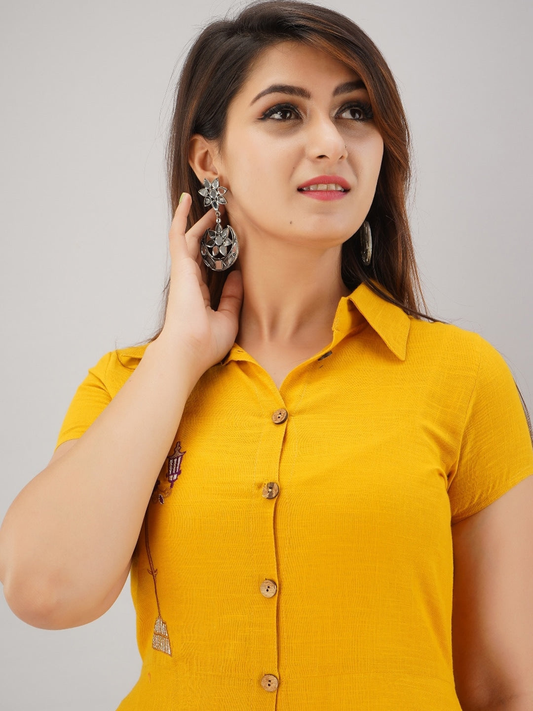 HERE&NOW Mustard Yellow Shirt Collar Thread Work A-Line Kurta | Grocsy