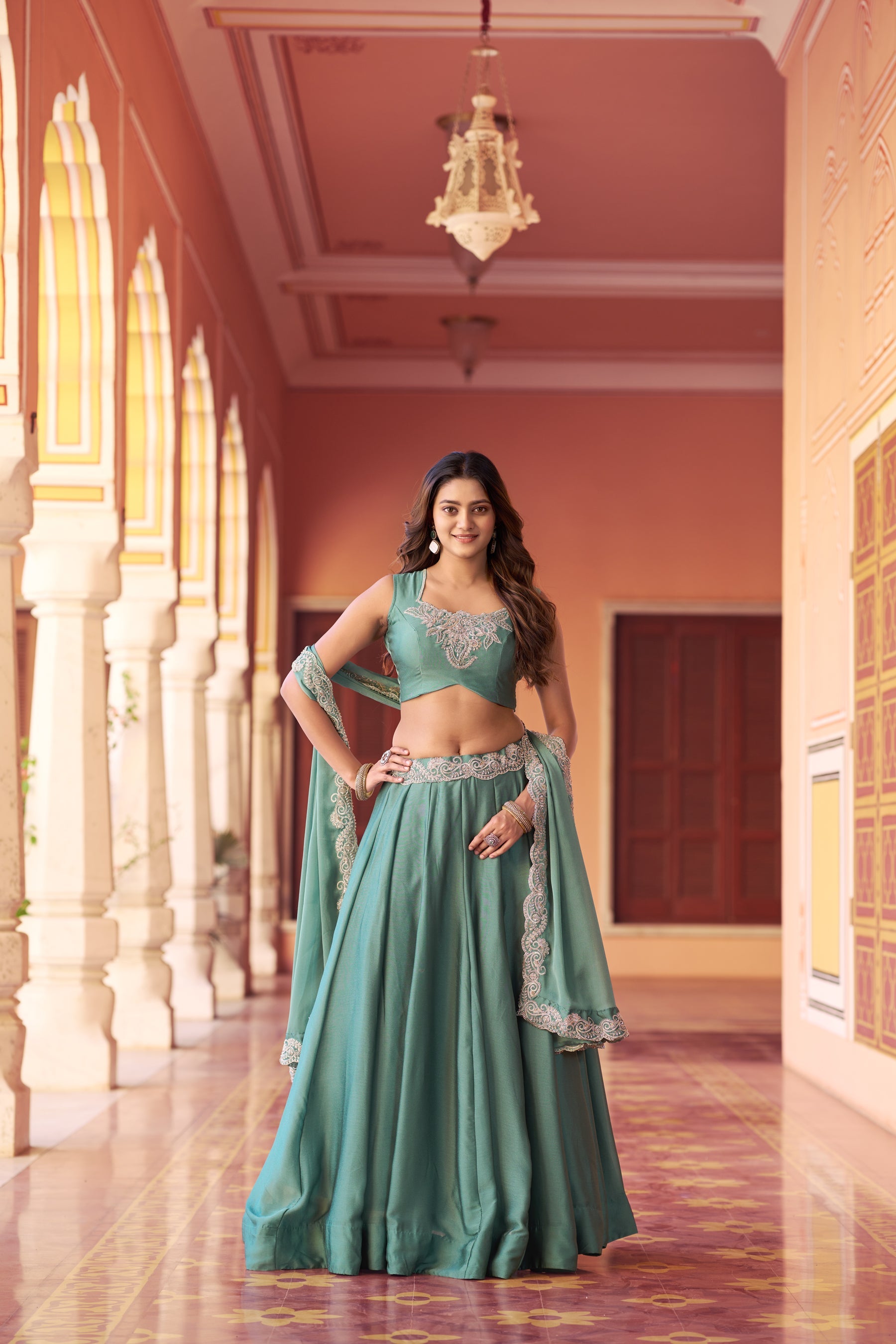 Lorenvalley Fashion Seagreen Rangoli Silk Tube Beads with Sequence and Thread Embroidery Work Belt Lehenga Choli with Dupatta | Grocsy