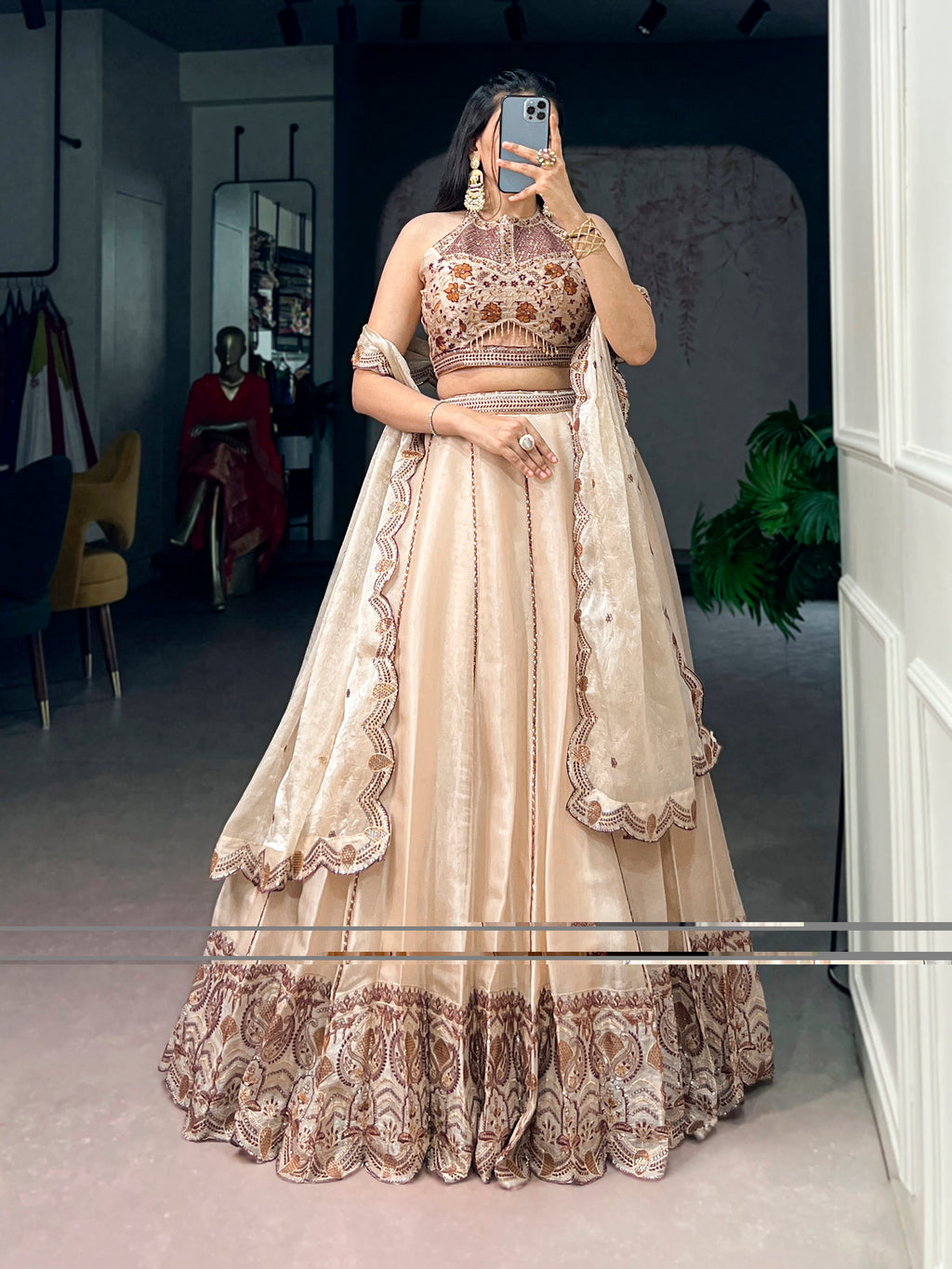 Lorenvalley Fashion Cream Spider Crush With Sequins And Thread Embroidery Work Lehenga Choli With Dupatta | Grocsy