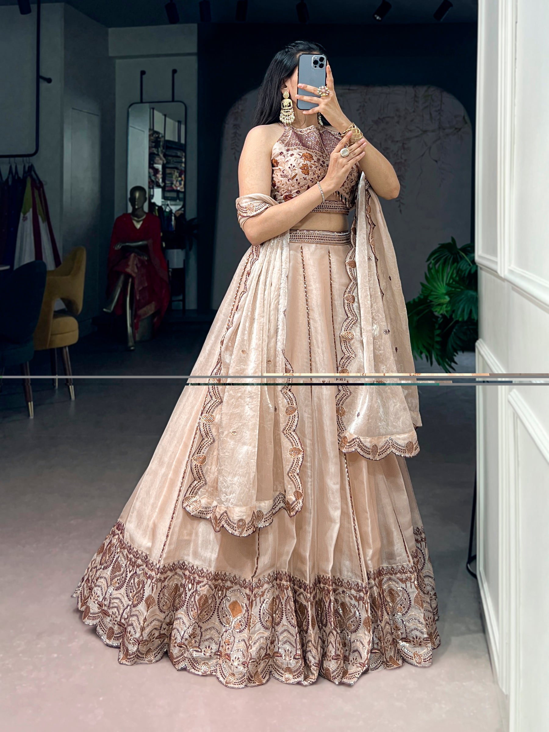 Lorenvalley Fashion Cream Spider Crush With Sequins And Thread Embroidery Work Lehenga Choli With Dupatta | Grocsy