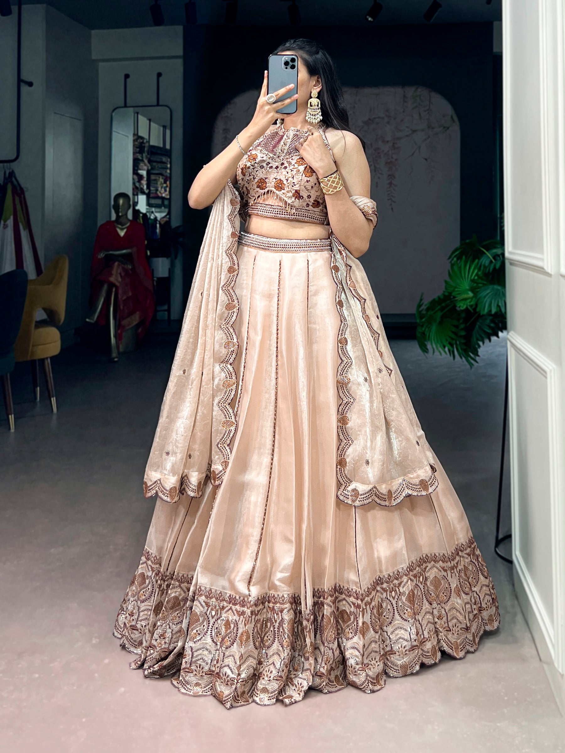 Lorenvalley Fashion Cream Spider Crush With Sequins And Thread Embroidery Work Lehenga Choli With Dupatta | Grocsy