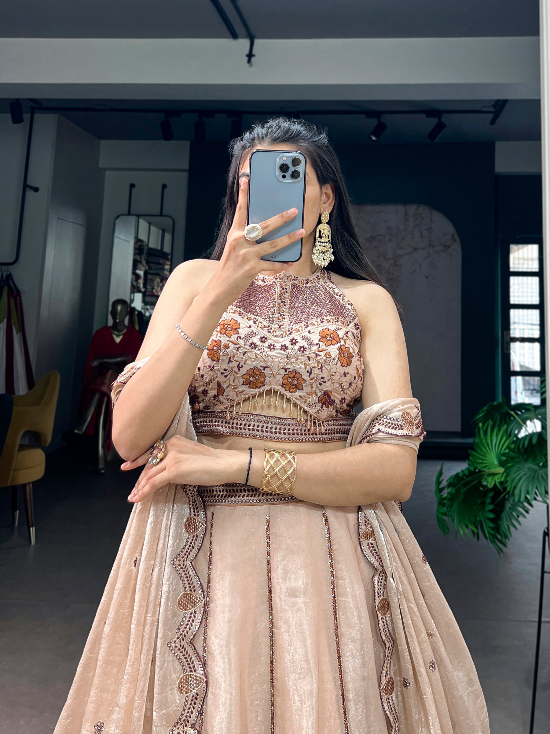 Lorenvalley Fashion Cream Spider Crush With Sequins And Thread Embroidery Work Lehenga Choli With Dupatta | Grocsy