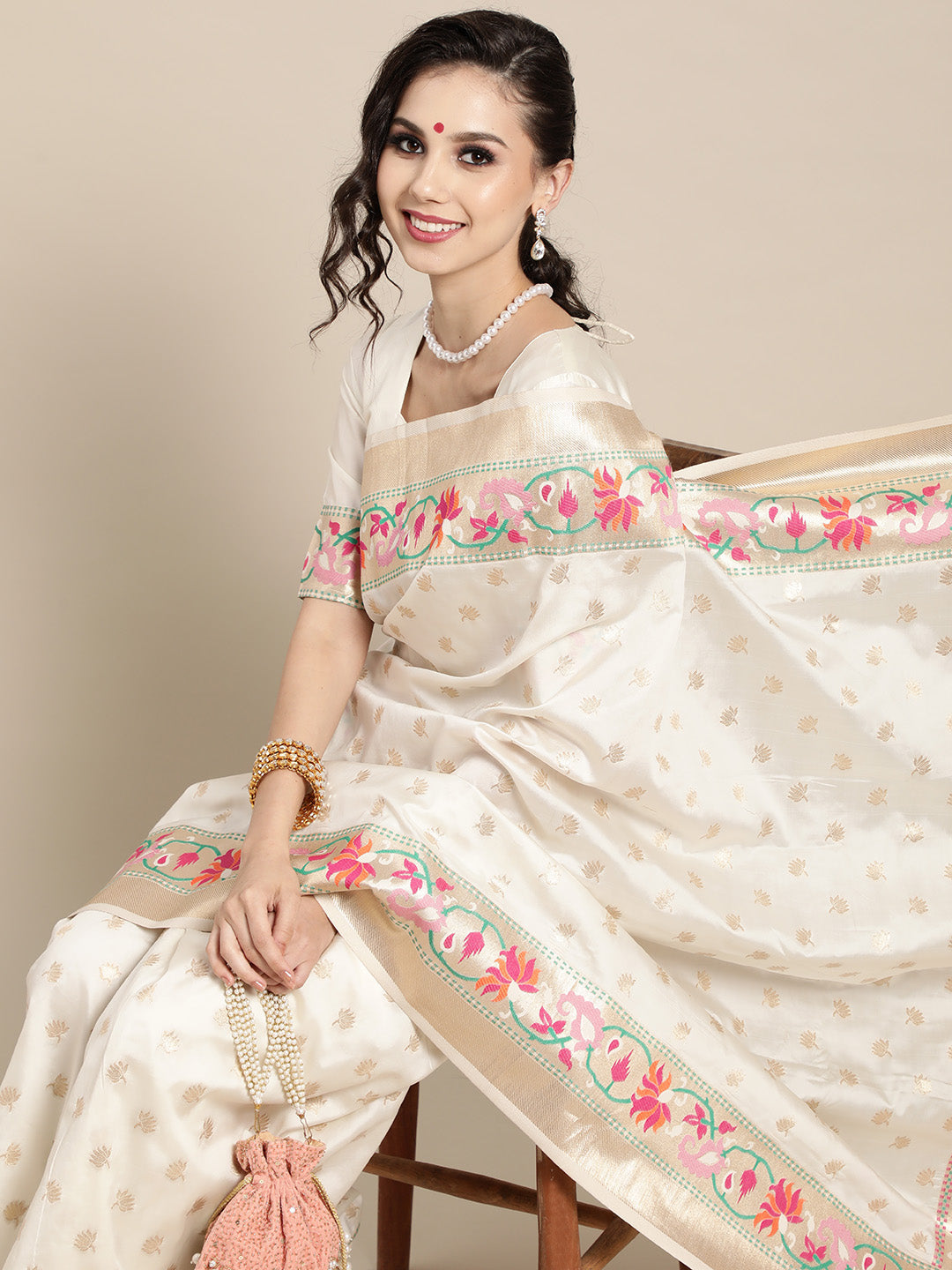 Saree Mall Off White & Golden Woven Design Banarasi Saree | Grocsy