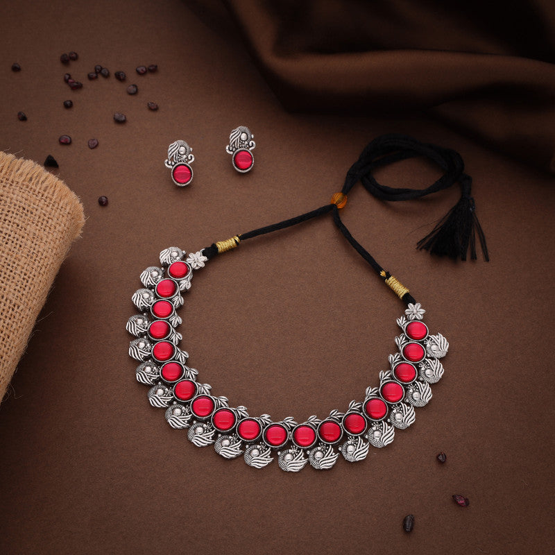 Tehzeeb Creations Silver Plated Pink Colour Stone Jewellery Choker Necklace Set With Matching Pair of Stud Earrings | Grocsy