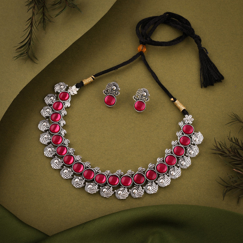 Tehzeeb Creations Silver Plated Pink Colour Stone Jewellery Choker Necklace Set With Matching Pair of Stud Earrings | Grocsy
