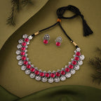 Tehzeeb Creations Silver Plated Pink Colour Stone Jewellery Choker Necklace Set With Matching Pair of Stud Earrings | Grocsy