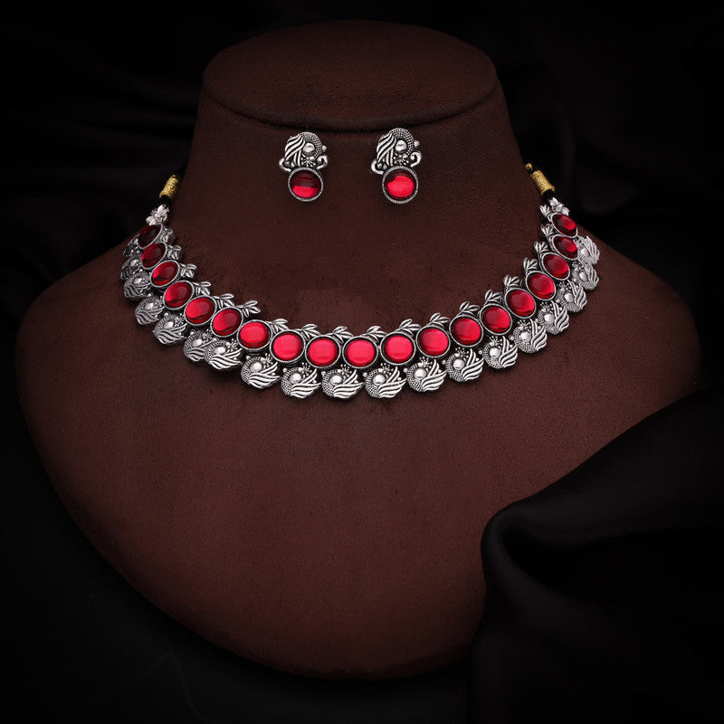 Tehzeeb Creations Silver Plated Pink Colour Stone Jewellery Choker Necklace Set With Matching Pair of Stud Earrings | Grocsy